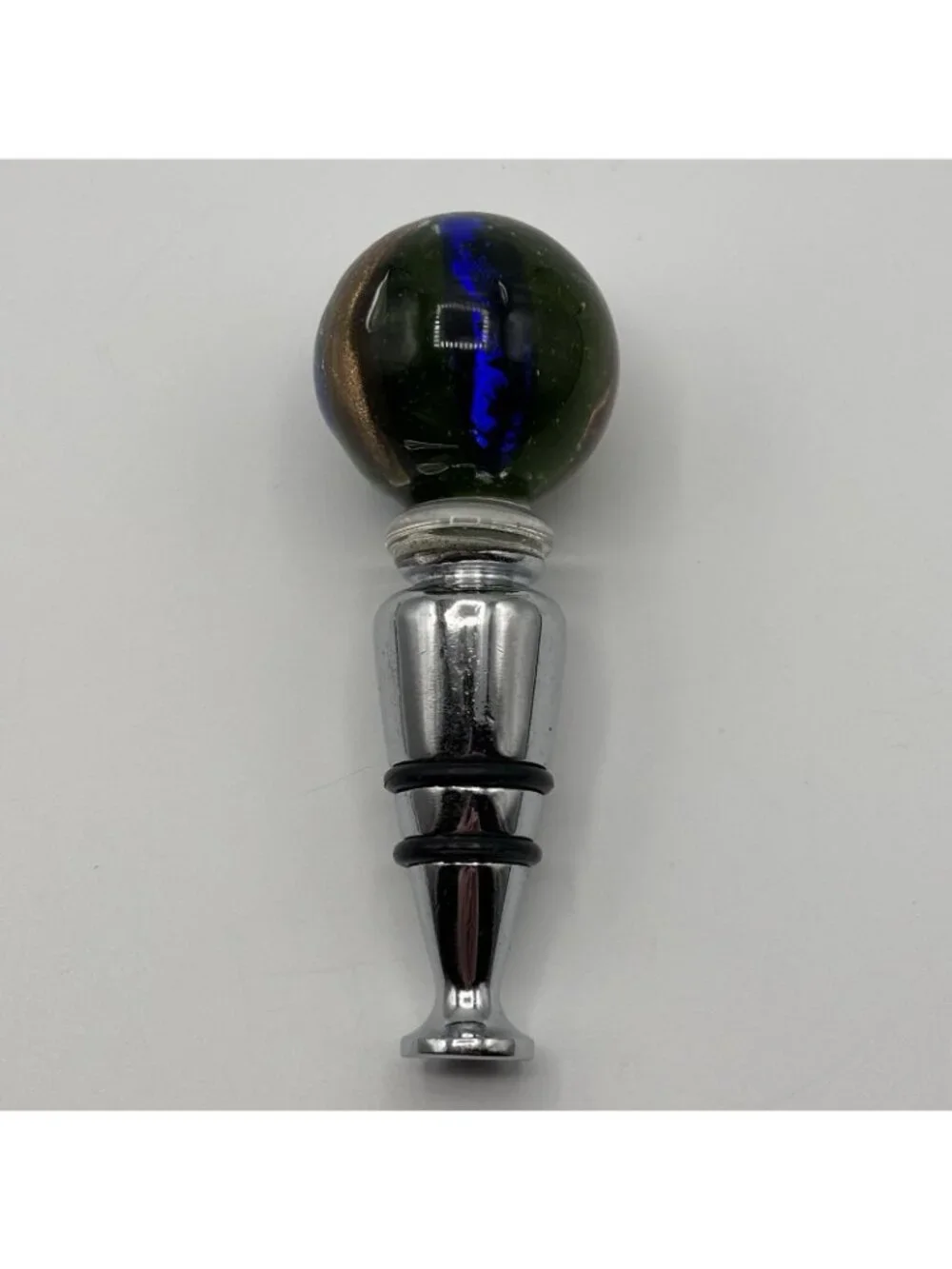 Art Glass Wine Bottle Stopper Topper Green Ball Gold Blue Striped Glossy Bubbles